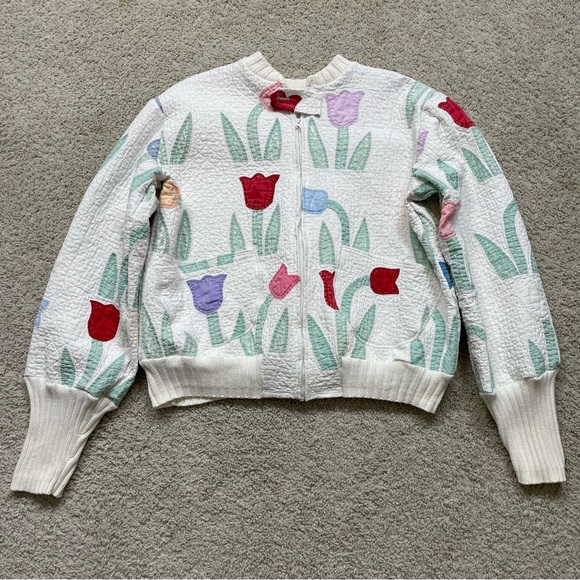 VINTAGE Women's HAND MADE Cotton QUILT Patchwork COLORFUL TULIP Bomber JACKET